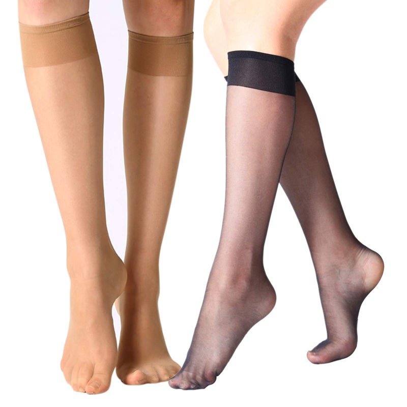 MANZI 12 Pairs Lady's Sheer Knee High Stockings, 6 Pairs Black, 6 Pairs Natural - Image 1